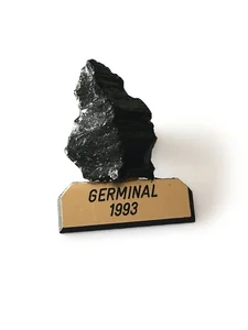 Exemple de pin's. 
Morceaux de roche et de charbon avec déco plastique.