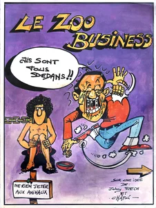 1982,
"Le zoo business",
Jean-Claude Chapu (dessins) et Johny Rech (textes) : 
caricature de Renaud,
Édité par J. Rech / Chapu / Atoll / Massouza.