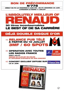 2002,
"L'absolutely meilleur of Renaud",
campagne publicitaire pour cette compilation
et pour la tournée "Une guitare, un piano et Renaud",
recto/verso en papier cartonné.